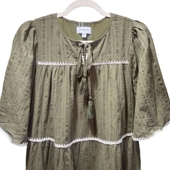 Annie Wear Olive Tiered Mini Babydoll Dress Pockets Short Sleeve NWT - Picture 14 of 15